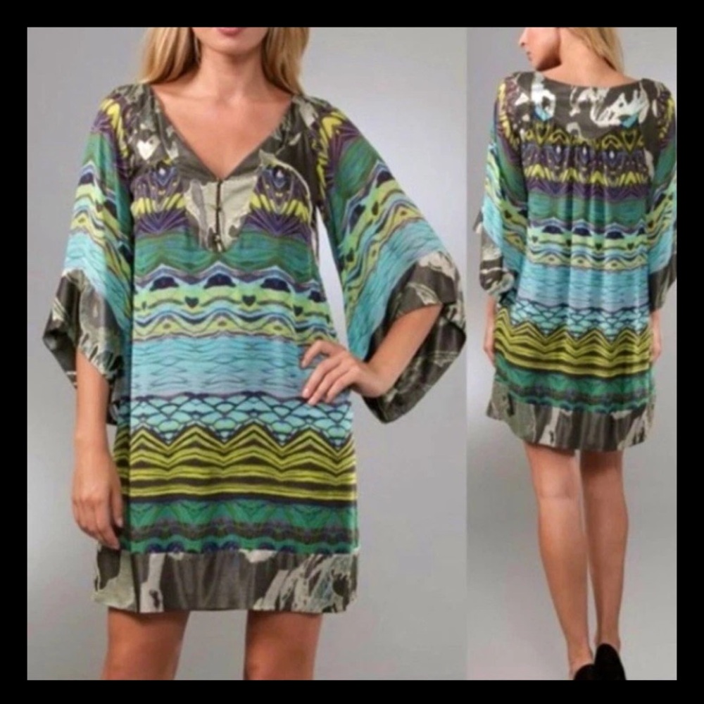 Diane Von Furstenberg Tabalah Tunic Dress in Blue and Green Mixed Print Womens 2